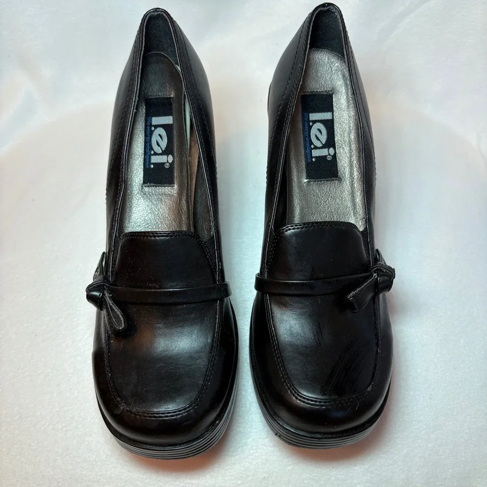 LEI Vintage Black Chunky Platform Loafers Block Heel 8.5 ONYXX Y2K Lug Sole